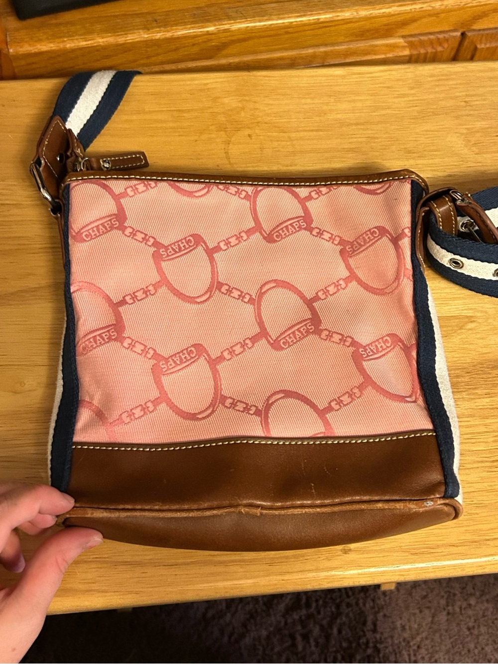 Chaps Pink Jacquard Crossbody with Brown Leather Trim and Navy-Striped Strap - Picture 3 of 7